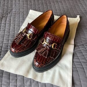 SEZANE Brown Croc Embossed Tassel Leather Loafers Amy Kiltie Fringe Loafers 37